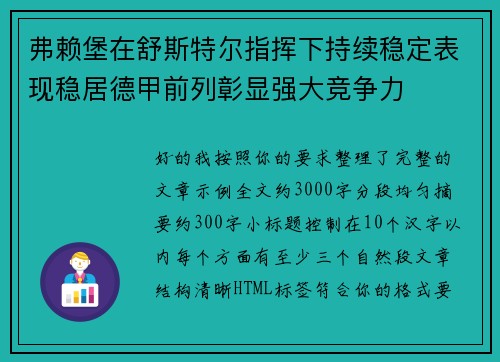 弗赖堡在舒斯特尔指挥下持续稳定表现稳居德甲前列彰显强大竞争力